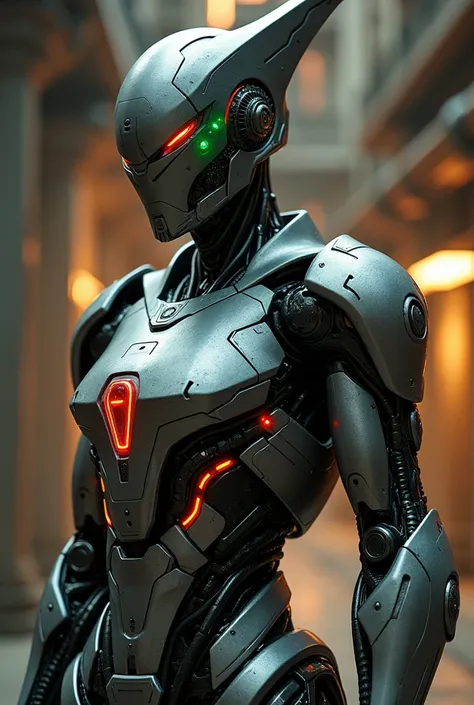 Create a detailed depiction of a futuristic humanoid robot with sleek metallic armor. The robot has sharp, angular features, a prominent glowing horn on its head, and glowing red and green accents embedded in its chest and body. The armor has intricate det...