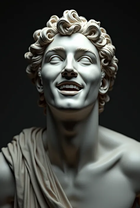 Plaster face : Greek god Apollo, MAN CELEBRATING WITH HAPPINESS EXPRESSION OF TRUST AND SUPERIORITY,  stoic dark background 