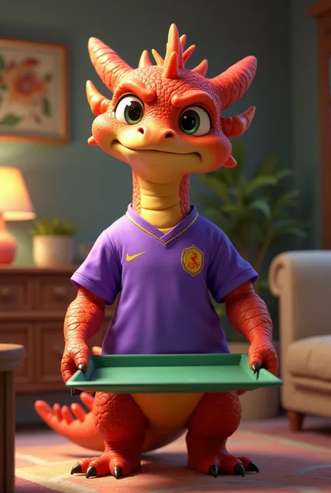  Image of a Disney Pixar-style dragon ,  he is dressed in a purple soccer shirt and is in his living room holding a rectangular green plate ,He has an expression like angry 