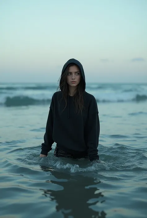 Women into sea, black jeans, hoodie, wet