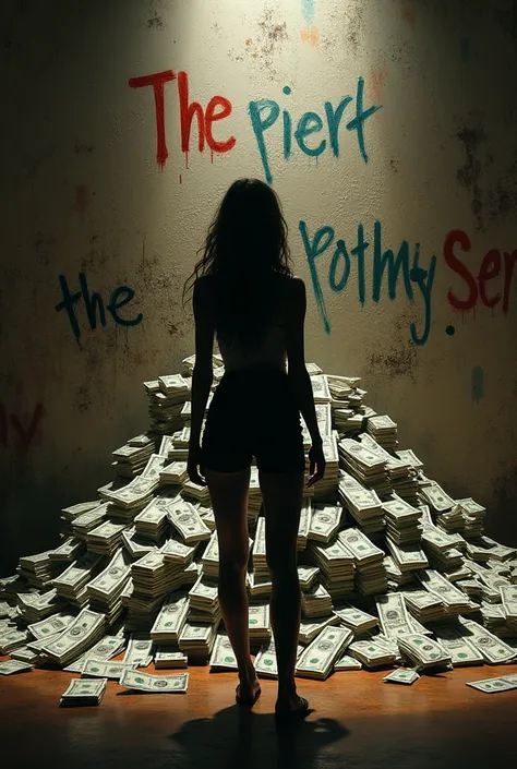  A large and detailed pile of money ,  with notes of various denominations visible ,  piled up in the center of a room . In front of the pile ,  the shadow of an attractive woman ,  with a slender body and confident posture ,  but only the shadow is visibl...