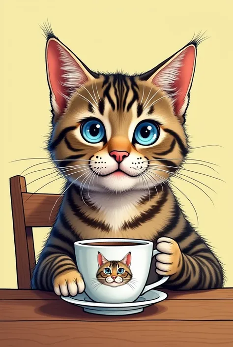 Tabby cat with blue eyes comics sitting at a table drinking a cup of coffee and the cup of coffee has the face of a cat