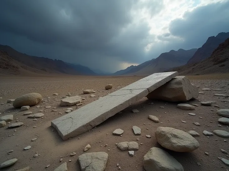  photographic image of a sliding stone in a rocky desert without vegetation, with cracked soil and a diagonal trail from left to right ,  with low mountains in the background and dark storm skies without rays .