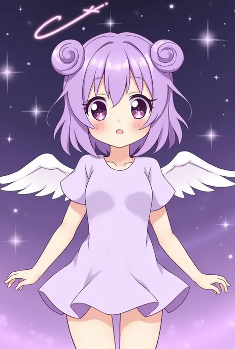  Teen anime with purple hair,  two rolls on the head and angel wings .  The character has big, expressive eyes with stars inside them ,  and she wears a short, light lilac dress .  The background of the image is a starry space with shades purples and dark ...