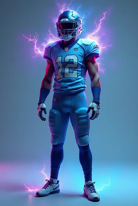 I want you to make the full uniform of a football team, the main colors are light blue, white, black and a little purple, this must have the image of a virgin and it has to look very good, but you can add fire or lightning, but it should look good for