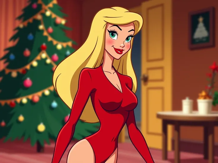  Disney cartoon style from 1960, Jessica Rabbit , christmas ,  warm colors full length ,   young 18 years old with an athletic and slim physique,   girl with square straight blond hair, 