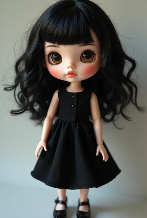 a female doll , that it be a girl,  her dark honey-colored eyes ,  salmon pink lips , the skin is white,  almost pale with freckles around her face , her hair is black and very wavy at the ends,  her hair reaches a little lower than her shoulder and has a ...