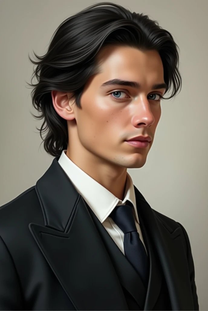 realistic image of : white man, 20 years old,  straight black hair ,  blue eyes,  profiled nose, With old money clothes  