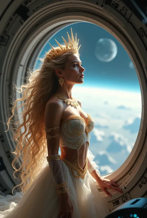 space princess, white woman, blonde hair, elegant alien outfit, in space ship cabin, looking out window, glowing crown