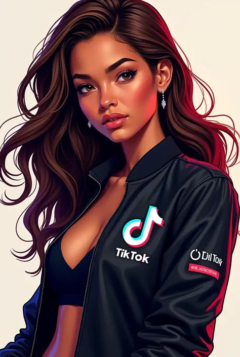 Create me a comic avatar of a girl with brown hair with dark eyes wearing a black TikTok jacket and brown skin 