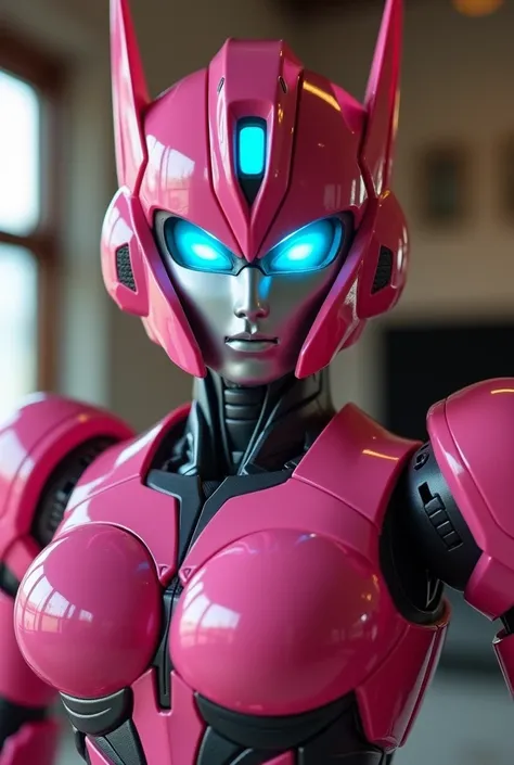  Arcee the autobot from transformers in the family room. Looking at and standing up super close to the camera like a selfie 
Arcee robot face
Dark pink autobot 
Small smile
Big robot breasts
Beautiful  eyes