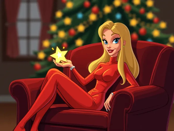  Disney cartoon style from 1960, Jessica Rabbit , christmas ,  warm colors full length ,   young 18 years old with an athletic and slim physique,   girl with square straight blond hair, lies on the couch with her legs on it  , fashionable clothes,  behind ...