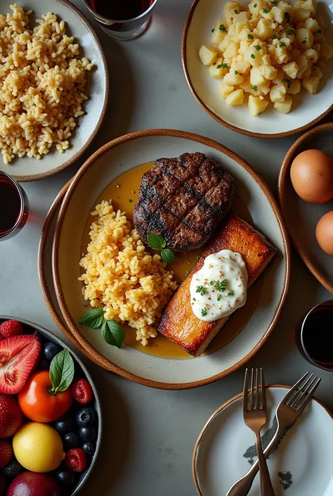 Top view of a Dining table with plate of these dishes: ribeye steak, garlic butter salmon, potato salad, egg fried rice, platter of round fruits, and glass of wine. Good for 3 people, add utensils, glasses and plates too