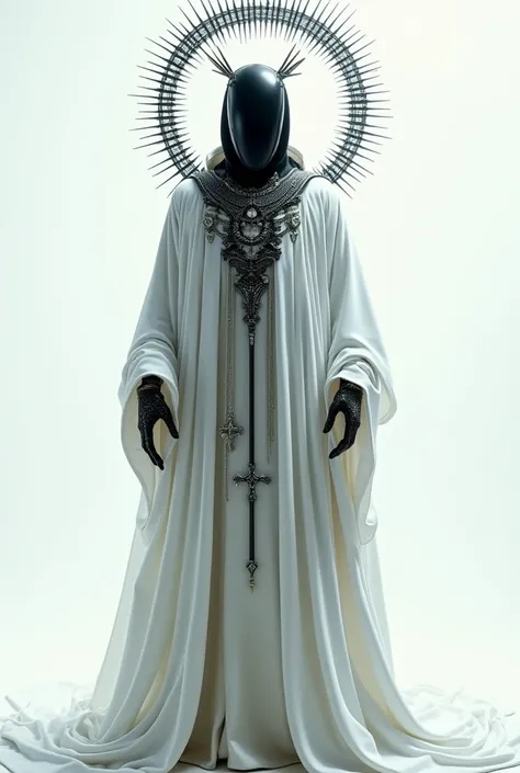  An enigmatic and heavenly figure in a futuristic and religious style .  The character wears a long white robe with shiny and ornate details,  accompanied by contrasting black elements ,  including a detailed cross-shaped necklace .  The face is hidden by ...