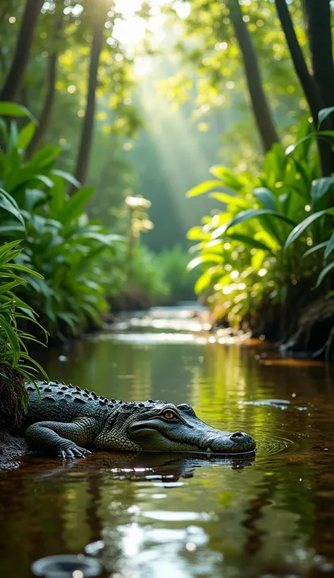  "A picturesque scene in the Amazon rainforest on a sunny day, featuring a mother crocodile and her baby near a small, clear river surrounded by lush, vibrant green vegetation. Sunlight filters through the dense canopy, creating a dappled effect on the cro...