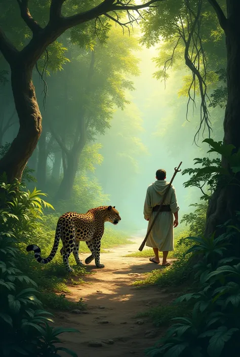 The ren releasing the leopard safely in a dense, far-off jungle, ensuring it is far from the village.