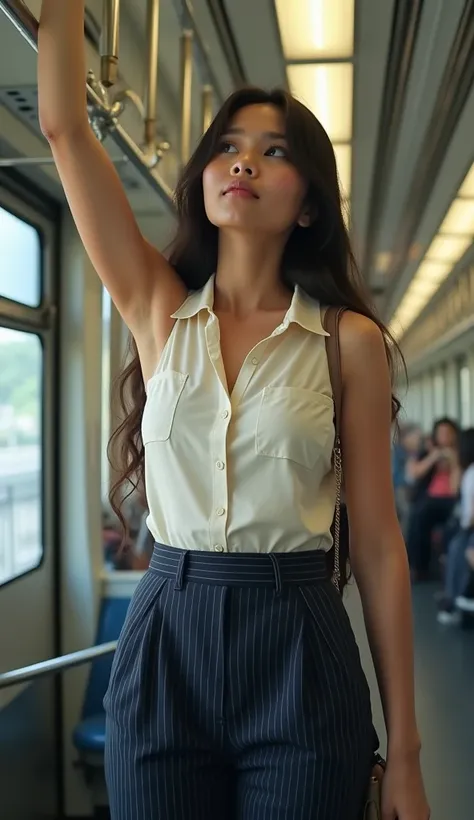 A realistic Indonesian woman with a toned but slightly plump hourglass body, long hair, and toned arms, wearing a cream sleeveless buttoned shirt with a collar and  high-waist dark blue trousers with stripes. Her shirt is tucked in her trousers. She is com...