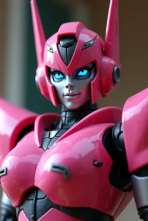  Arcee the autobot from transformers in the family room. Looking at and standing up super close to the camera like a selfie 
Arcee robot face
Dark pink autobot 
Small smile
Big robot breasts
Beautiful  eyes