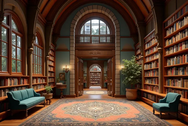 Main entrance of a library that have book tasting bar, a pod that corresponds to the genre that reader read, an outdoor like resting place, a book cafe, and a room that have vr to see a magical places like narnia and Hogwarts 