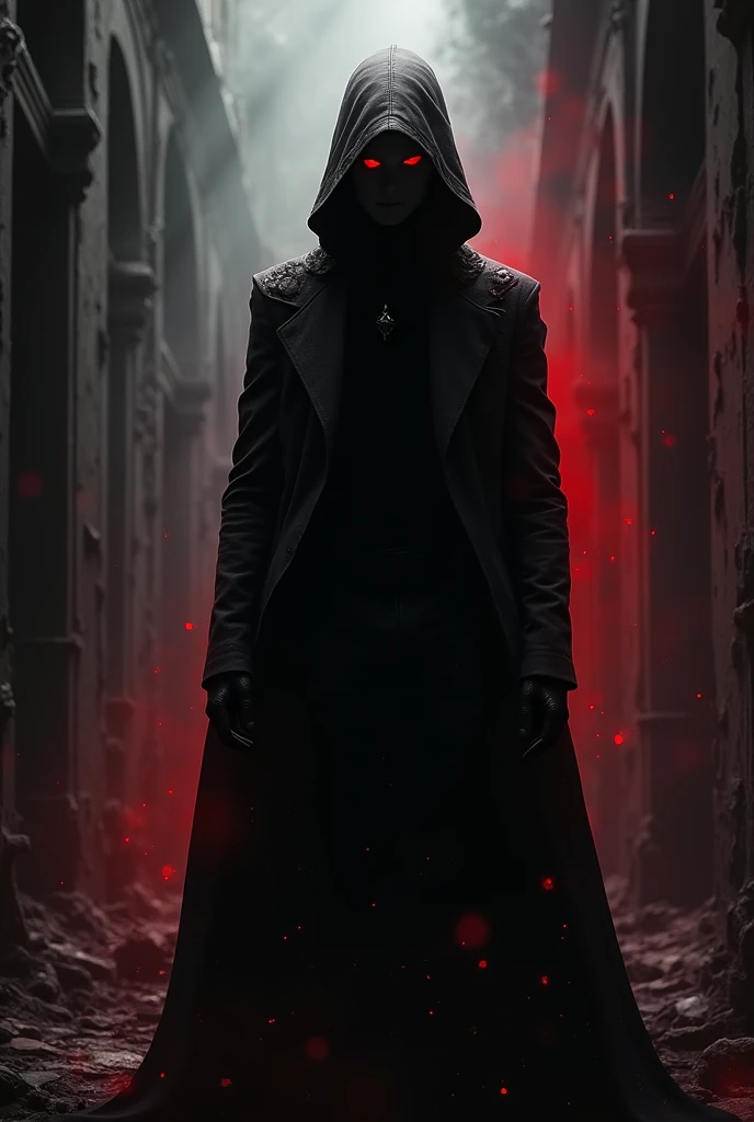 Silhouette of a young male person with crimson red eyes with a hood over his head in an abandoned place dark theme 