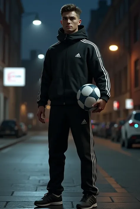 Bart wearing a black Adidas . jacket on a sidewalk with a soccer ball in his hands .Let it be night.Realistic 3D