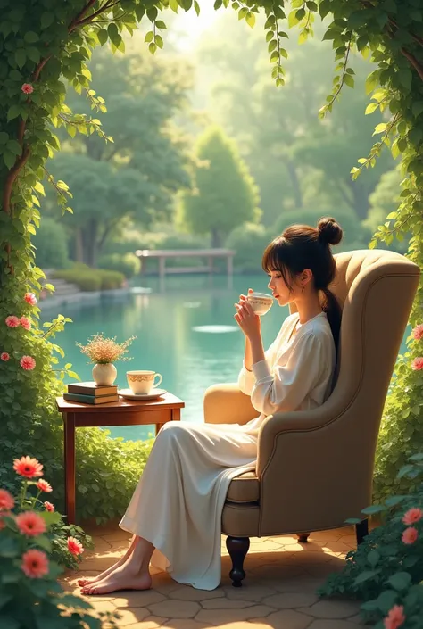 A girl who sits in a chair but in a beautiful graden with cup of tea and some books