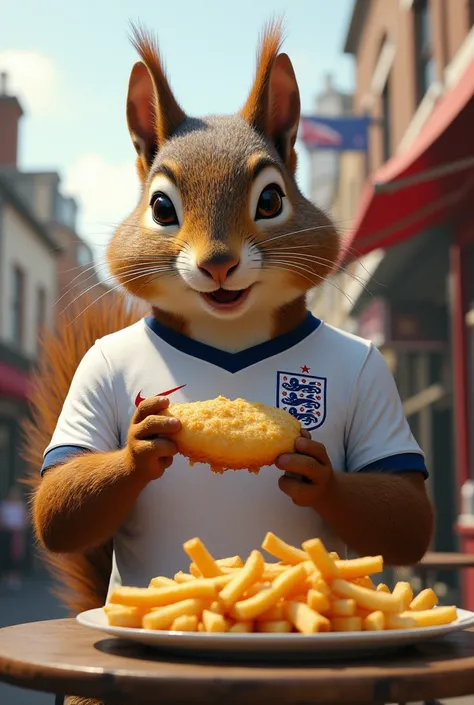 A giant that looks like a squirrel in the UK having fish and chips wearing England jersey. 