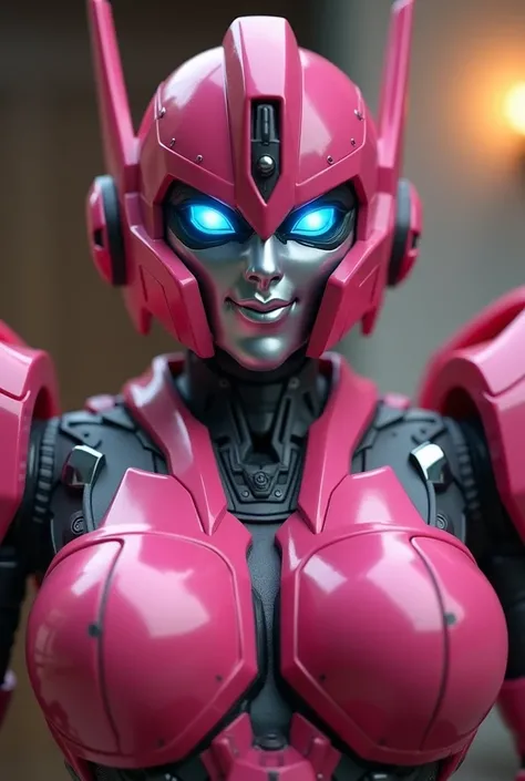  Arcee the autobot from transformers in the family room. Looking at and standing up super close to the camera like a selfie 
Arcee robot face
Dark pink autobot 
Small smile
Big robot breasts
Beautiful  eyes