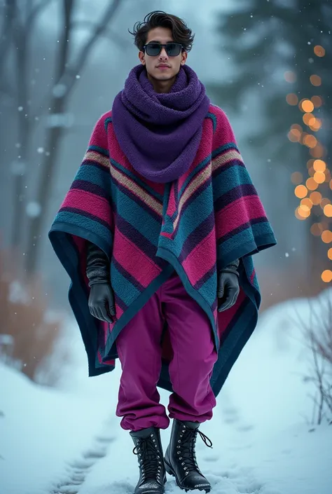 "Ultra-realistic portrait of a young man in a contemporary fashion outfit with cultural and tribal influences, set in a winter-themed environment that evokes the spirit of New Year 2025. The man wears a poncho with bold geometric patterns, where the color ...