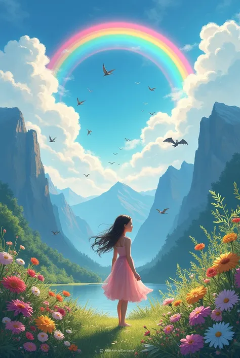 
I am girl.I am in a moutain,many beautiful birds are flying in the sky, I am seeing a Rainbow in the sky. I am seeing aslo "My name Mim" in the sky.I wear a beautiful dress.The whole scenery is very beautiful. The sky is also full with dragons.The mountai...