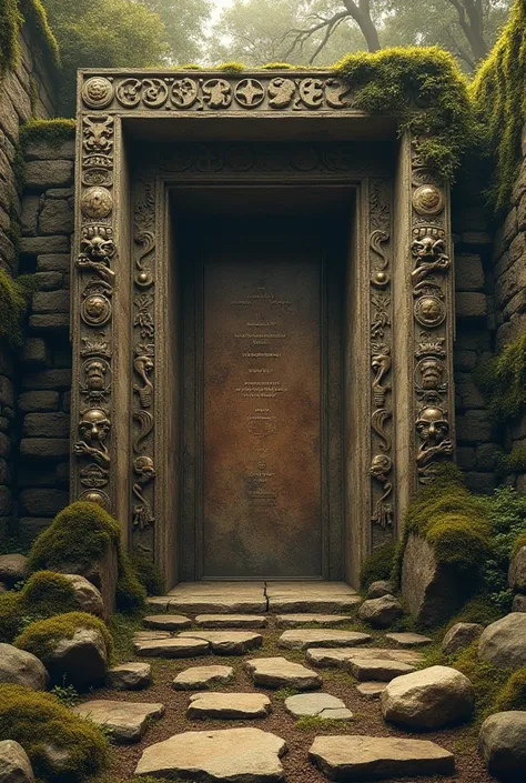 "A grand stone structure ,  possibly an entrance or portal of an ancient civilization ,  with details carved from mysterious symbols and ancient figures .  The portal is partly in ruins ,  with worn stones covered with moss ,  evoking a place lost in time ...