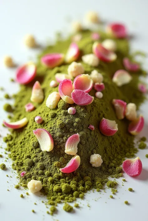 A representative image for a powder (green in color) made of cardamon, fennel seeds, mishri and dried rose petals which becomes a drink on mixing with water/milk