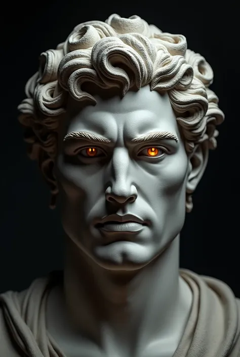 Close Plaster face Greek God Apollo man glowing and feeling very powerful and very confident stoic dark background