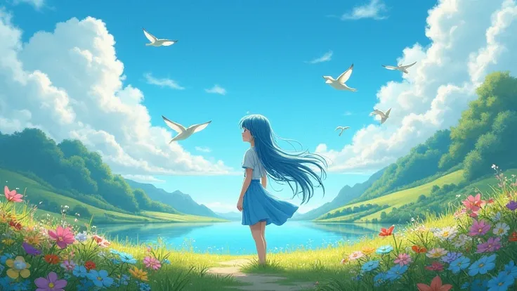 
landscape with a blue sky and birds flying in the distance , beautiful nature with lots of flowers and a girl in a blue dress and long blue hair watching nature
