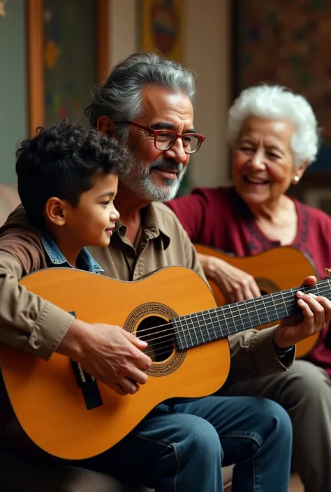 In the foreground, the image of Pedro Suárez Vertiz with a boy and a grandmother playing the guitar