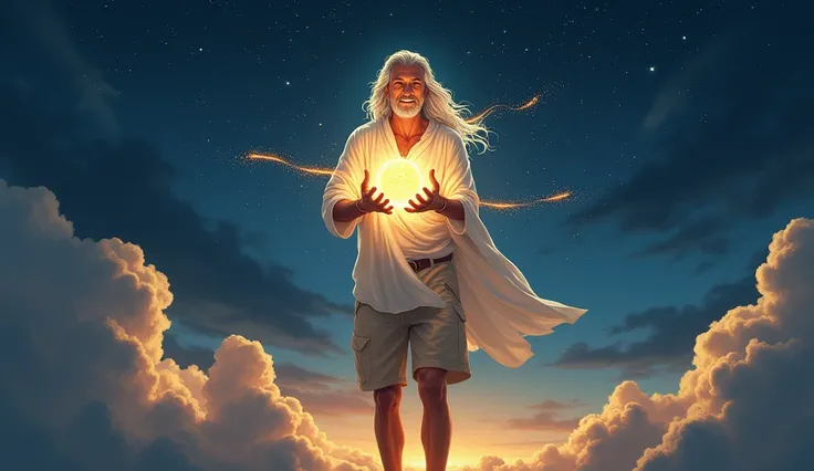 draw in GTA style, a man separating light from darkness with lightness and majesty. He is standing among stars, with the dark sky in the background With bluish nebulae.
Her long, wavy white hair shines as if reflecting the first rays of the sun.
His face b...