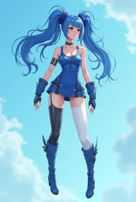 1 woman,cyborg,slim ,con pechos grandes ,caderas anchas, big thighs,PIEL BLANCA, long blue hair, has blue pigtails ,Wear high boots , sleeveless tank top ,blue color ,blue skirt,is flying, You can see the white panties,