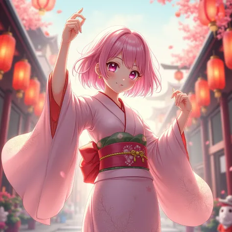 anime　 Fantastic　light pink hair color　 shortcuts　New Year　kimono　White Snake　