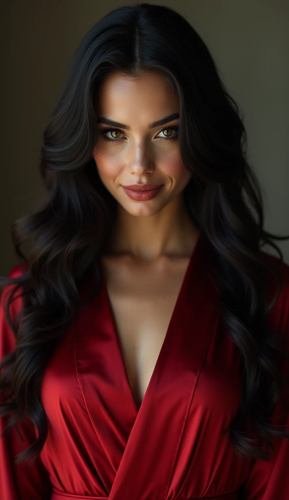 A stunning sexy female with long, dark hair cascading over crimson, silken robes. Her golden eyes glow faintly, and her subtle smile hides her predatory nature. a high-definition photo seen in magazine cover