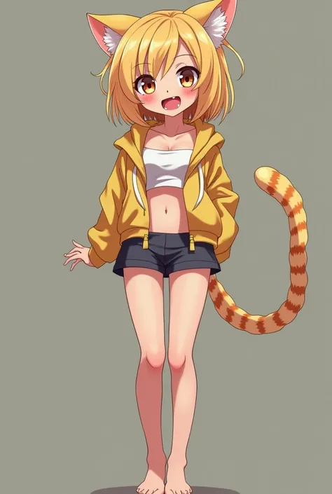 A super skinny blonde catgirl wearing a super short micro skirt and a cropped hoodie that shows underboob, barefoot, medium breasts, full body visible, no underwear or bra, open mouth, fangs, looking at viewer, blushing