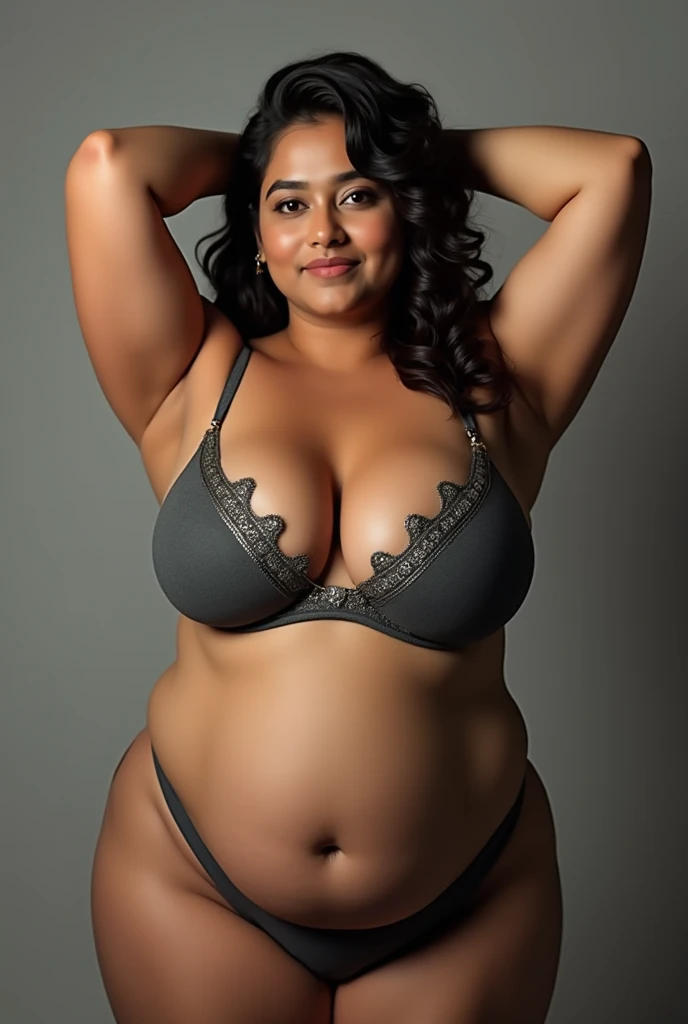 Too fatty sexy indian kerala plus size lady Looks like niharika raizada wearing grey Indian brabig stomach wide waist, fleshy belly, lifts her hands to back to her head and showing her blouse breasts and low hip stomach, deep big navel