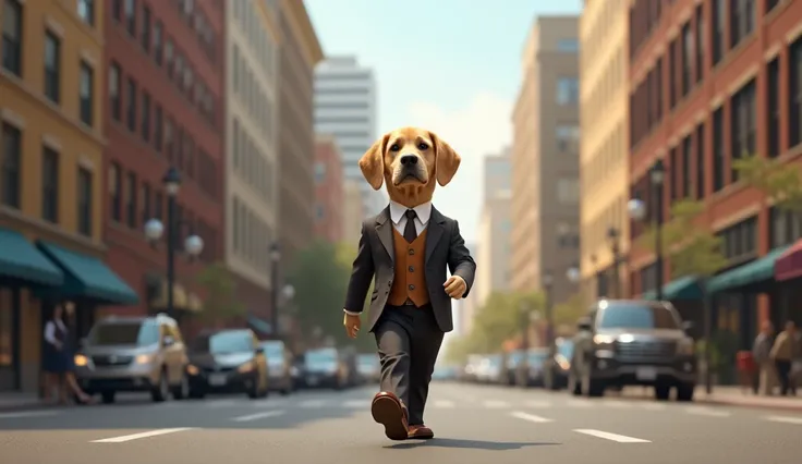 A dog walks in the street wearing a suit