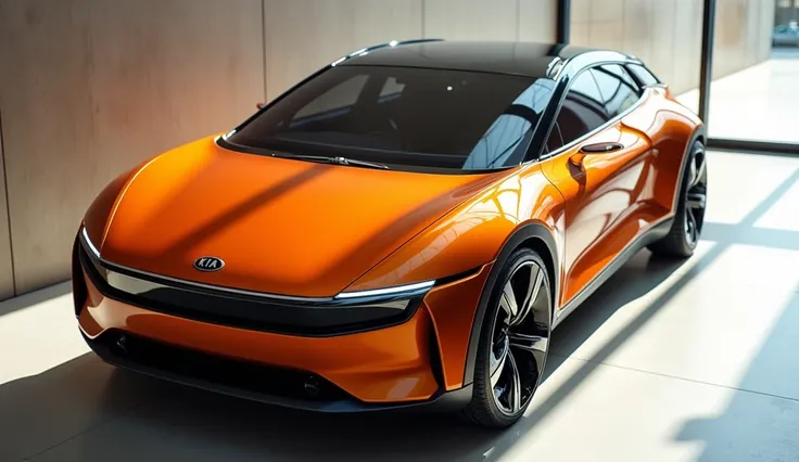 A photo of a arial view of a polished orange futuristic 2025 kia ev5 parked inside a luxury big hall. The lighting in the luxury big hall is bright, casting reflections on the shiny surface of the car. The background contains a wall with a large window. Th...