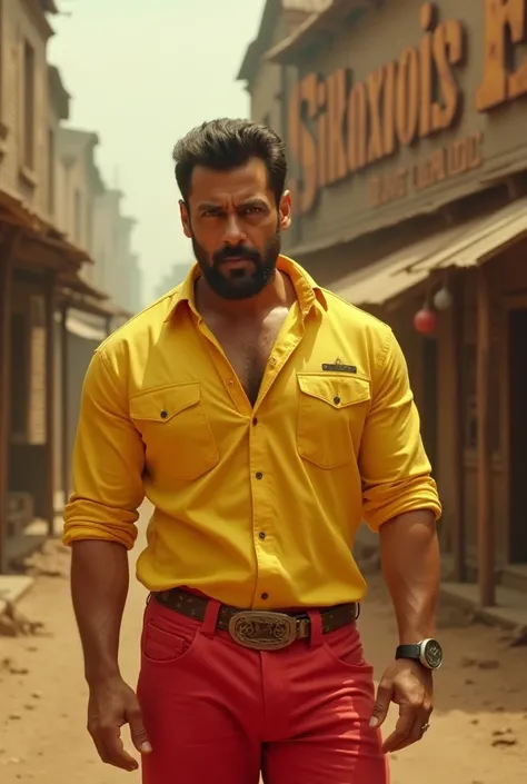 Generate some realistic and bright colored thumbnail featuring Salman Khan A cinematic medium shot  with a muscular physique wearing a yellow shirt and red pants. The has a beard look.He has a serious expression. The background is a dusty, western town wit...