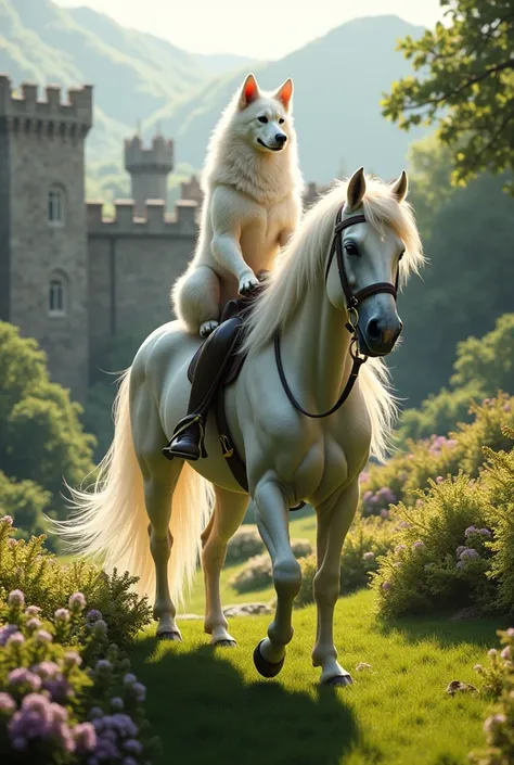 White-haired dog riding a white horse in the Scottish castle garden 