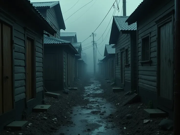  Create an underground area of a poor area, The darkness was almost palpable.  Wooden and plastic cabins ,  poorly assembled ,  crowded into narrow streets .  The air was heavy with the smell of soot , sewer and desperation .

