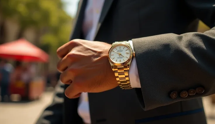 A close-up shot of Ricardo Salvaterra’s wrist as he walks through the bustling plaza, highlighting the golden Rolex glinting under the warm afternoon sun. The watch’s polished surface reflects the golden hues of the light, emphasizing its intricate details...