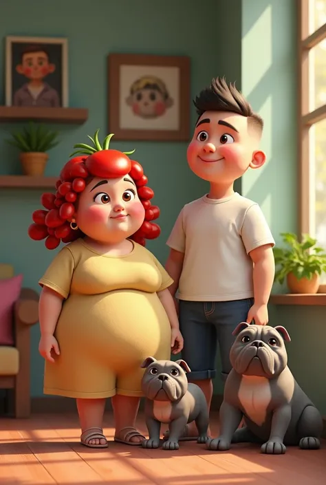  creates an animated family photo of two young  ( plump woman with a tomato hairstyle , small nose and thick lips and man with short hair, high, white) And two gray American Bull dogs 