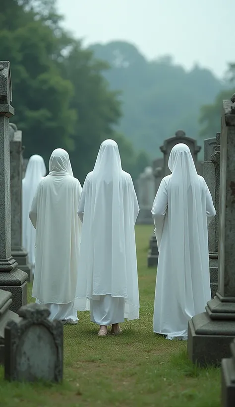 People in white clothes in a cemetery, realistic