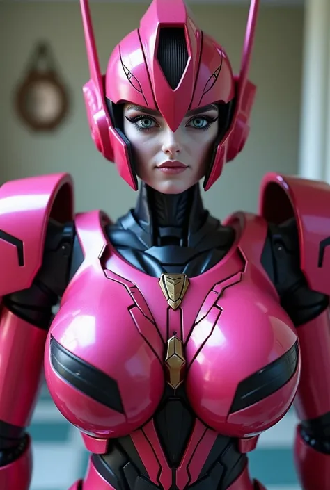  Arcee the autobot from transformers in the family room. Looking at and standing up super close to the camera like a selfie 
Arcee robot face
Dark pink metallic autobot 
Small smile
Massive  robot breasts
Beautiful  eyes